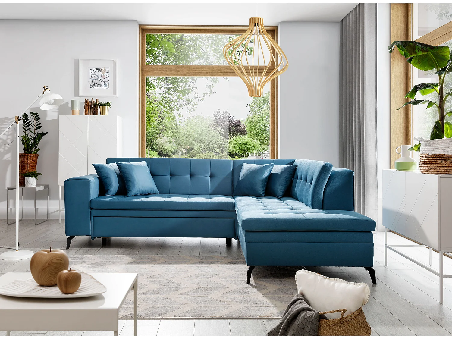 Canapé convertible capitonné angle droit tissu bleu nuit Larry 260cm