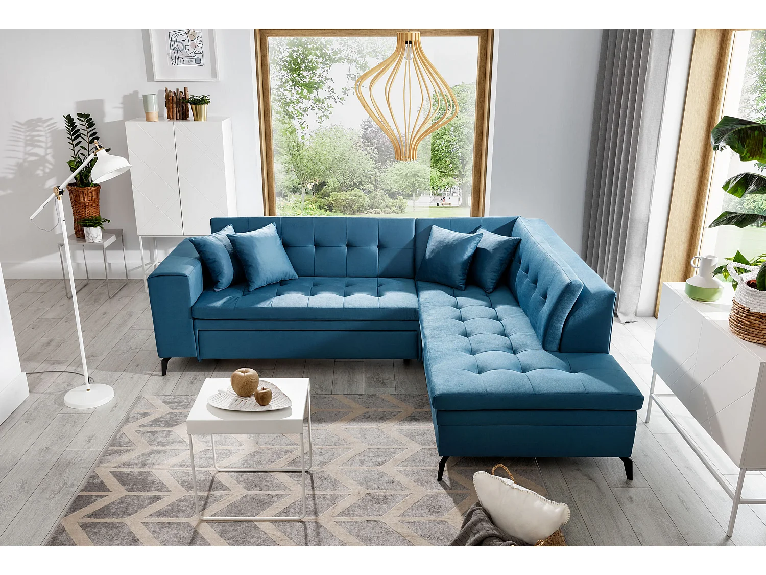 Canapé convertible capitonné angle droit tissu bleu nuit Larry 260cm