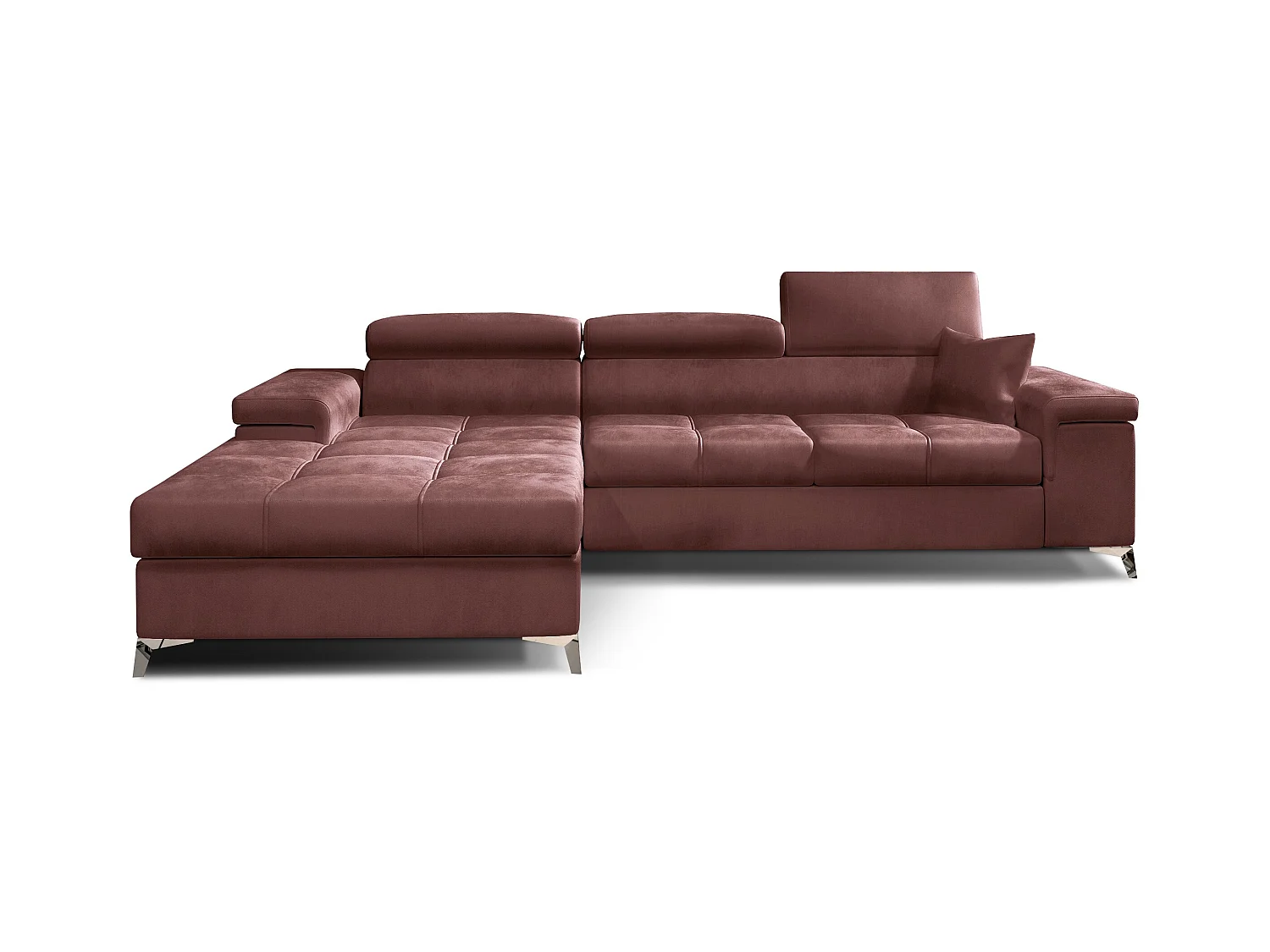 Canapé angle gauche convertible velours rose poudré avec appuis-tête réglables Rikaro 280cm