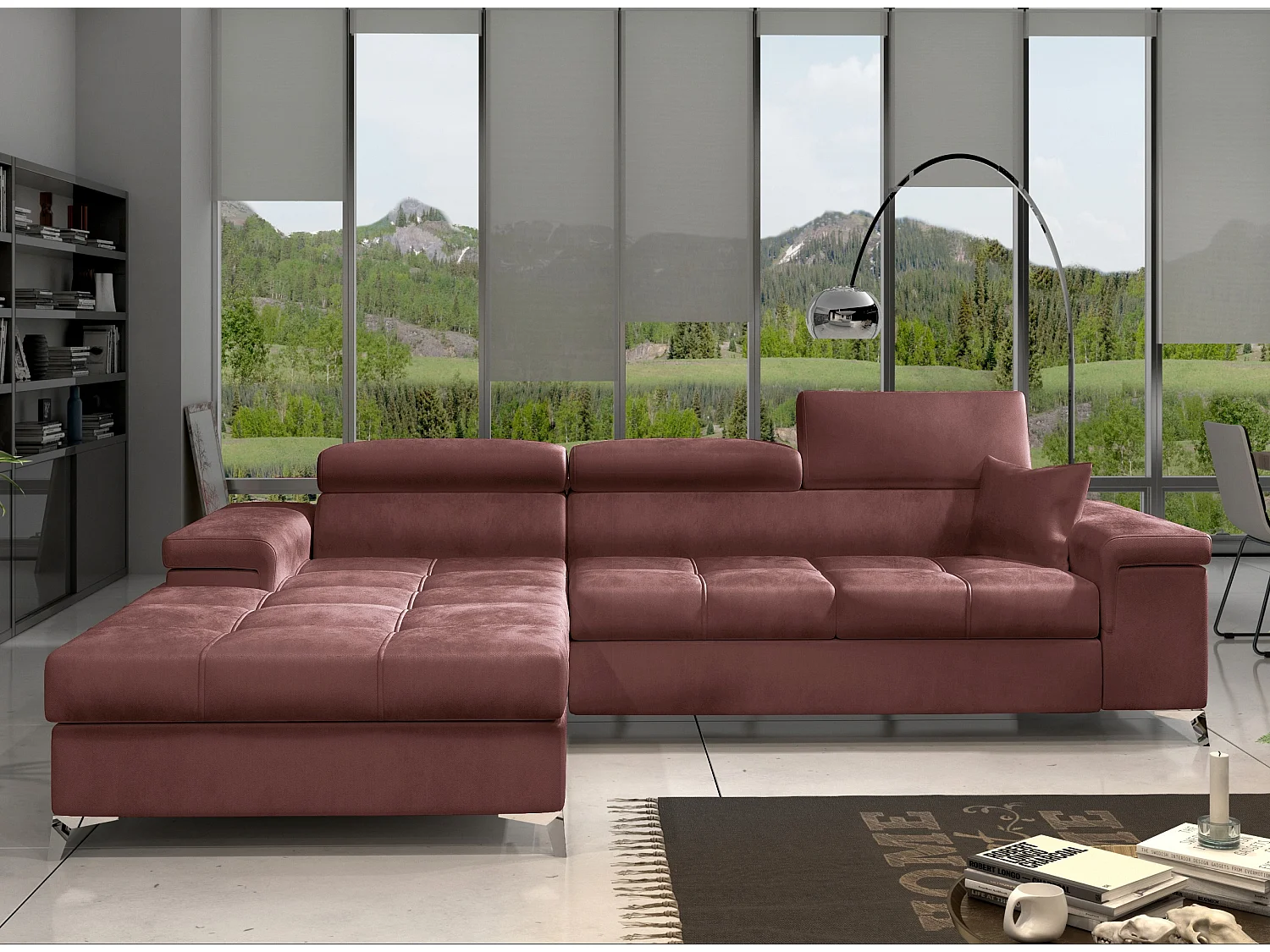 Canapé angle gauche convertible velours rose poudré avec appuis-tête réglables Rikaro 280cm