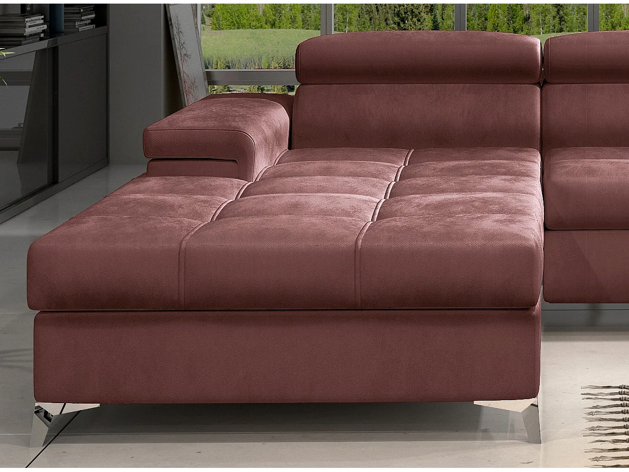 Canapé angle gauche convertible velours rose poudré avec appuis-tête réglables Rikaro 280cm