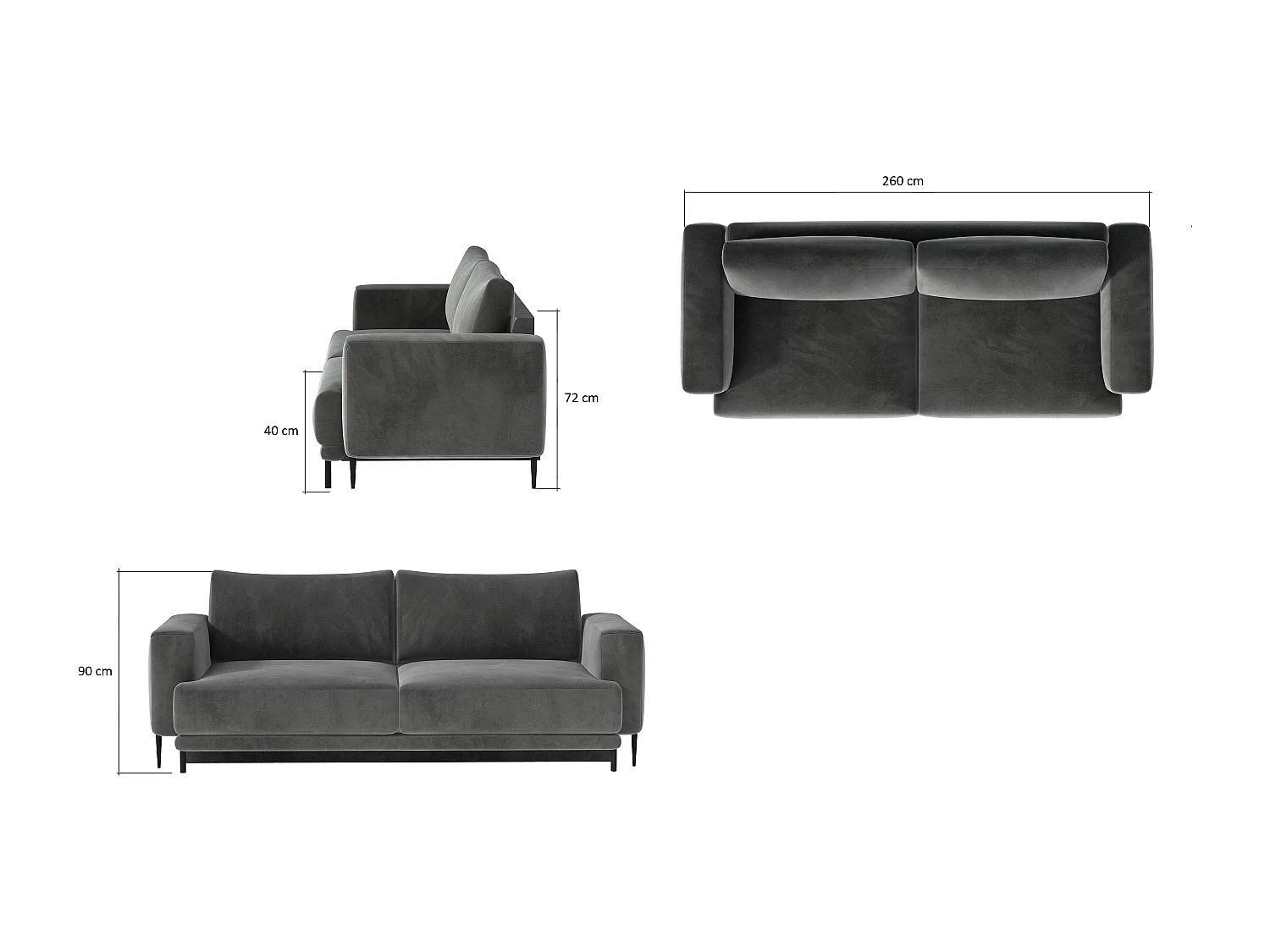 Designer 4-zits slaapbank in nachtblauw fluweel en zwart metalen poten Arkia 260 cm