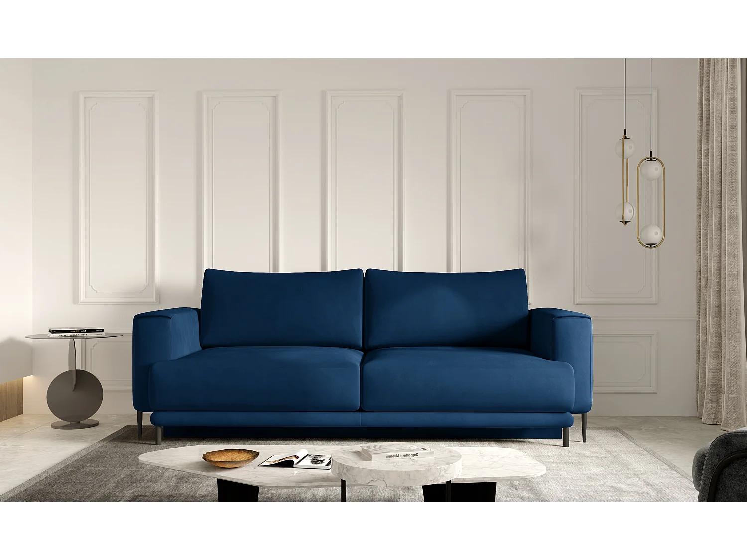 Sofá convertible recto DAVINA de terciopelo con compartimento de almacenamiento - Patas de metal negro-Color Azul noche