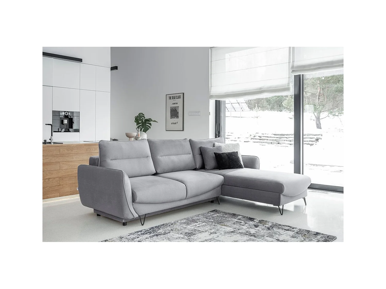 Canapé d'angle droit convertible tissu doux gris clair Zurik 276cm