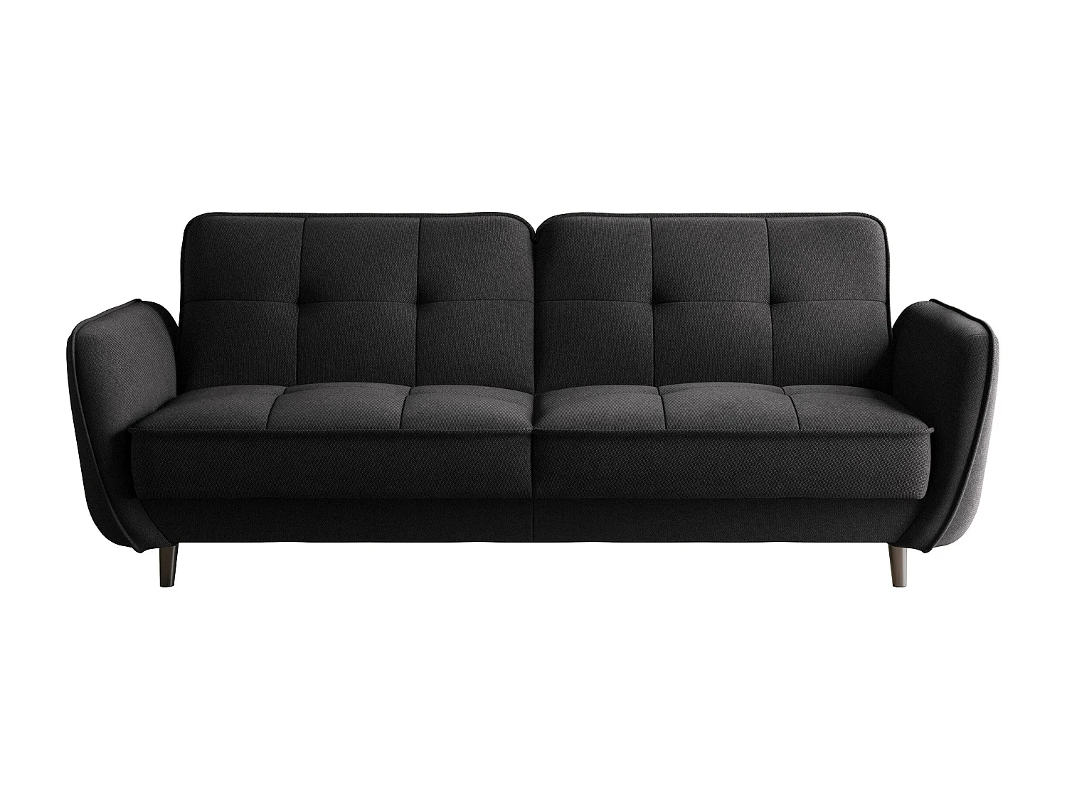 Canapé convertible 3 places tissu noir chiné capitonné et pieds bois noir Bizza 220cm