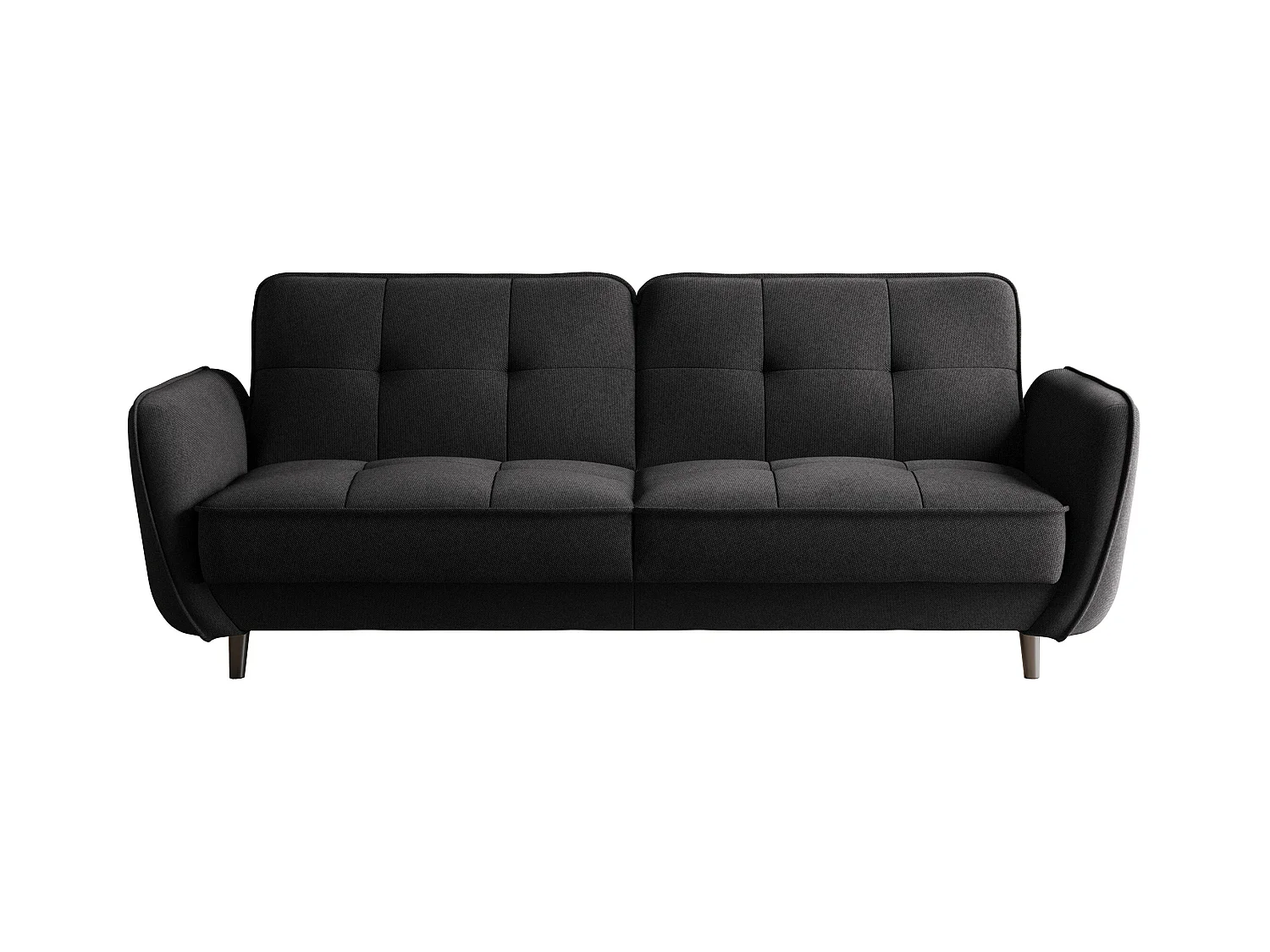 Canapé convertible 3 places tissu noir chiné capitonné et pieds bois noir Bizza 220cm