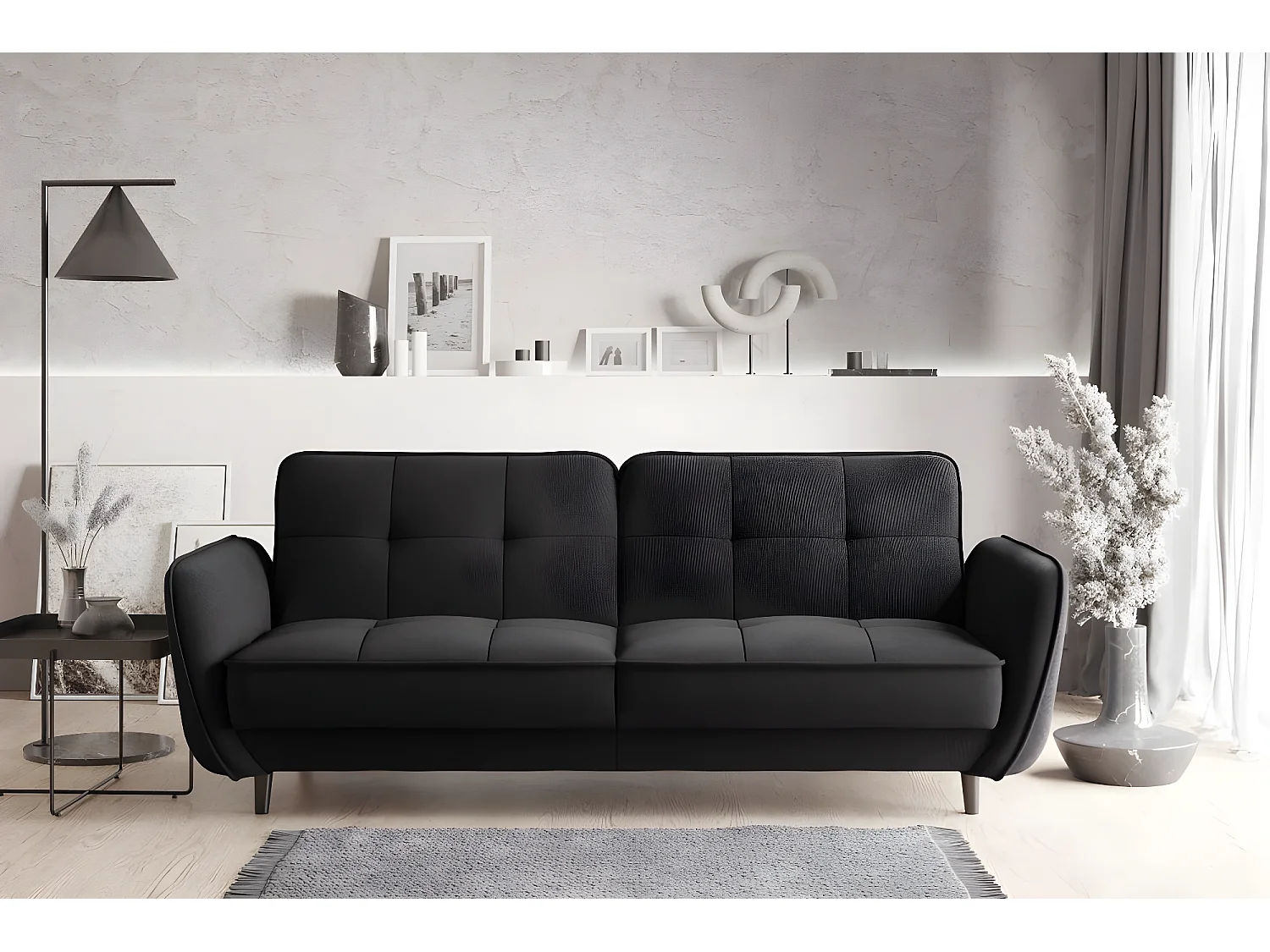 Canapé convertible 3 places tissu noir chiné capitonné et pieds bois noir Bizza 220cm