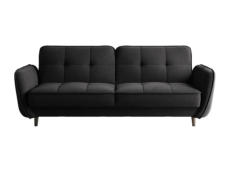 Canapé convertible 3 places tissu noir chiné capitonné et pieds bois noir Bizza 220cm