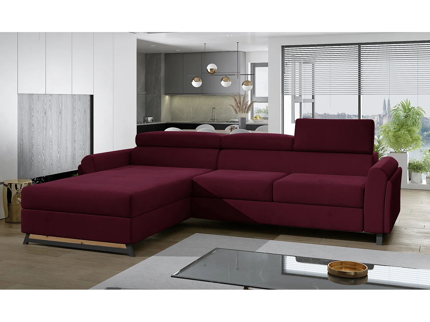 Canapé angle gauche convertible velours bordeaux avec appuis-tête réglables Mazerali 300cm