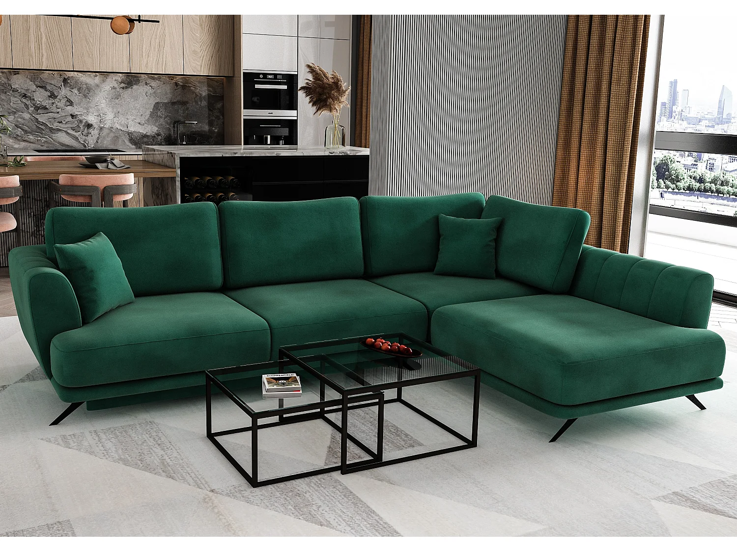 Canapé convertible angle droit tissu vert foncé Savary 280cm