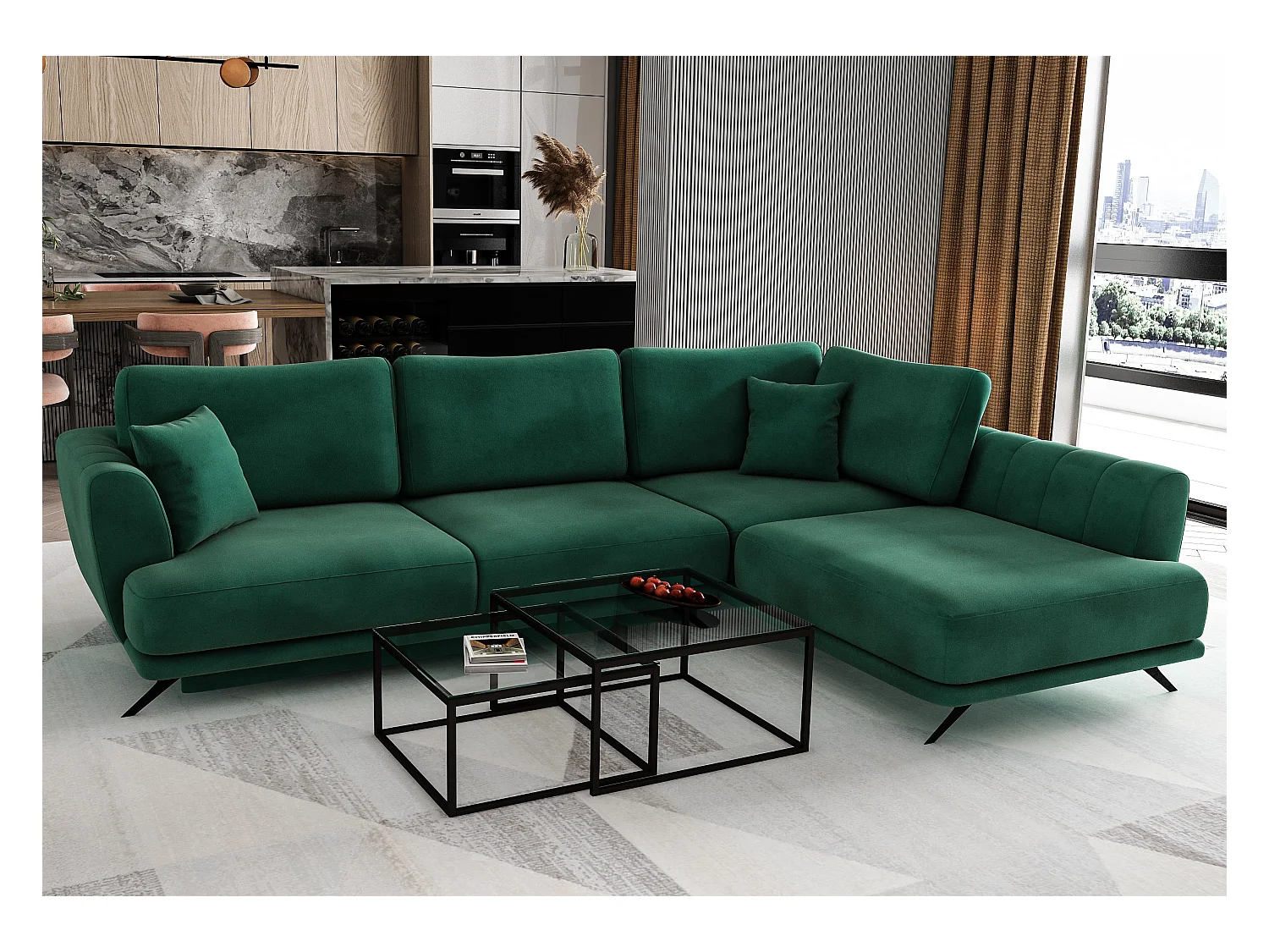 Canapé convertible angle droit tissu vert foncé Savary 280cm
