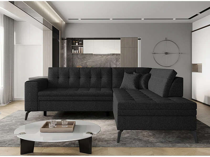 Canapé convertible capitonné angle droit tissu noir Larry 260cm