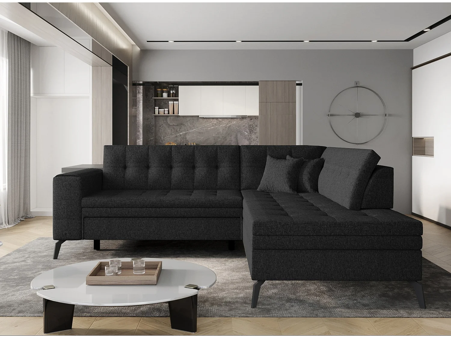 Canapé convertible capitonné angle droit tissu noir Larry 260cm