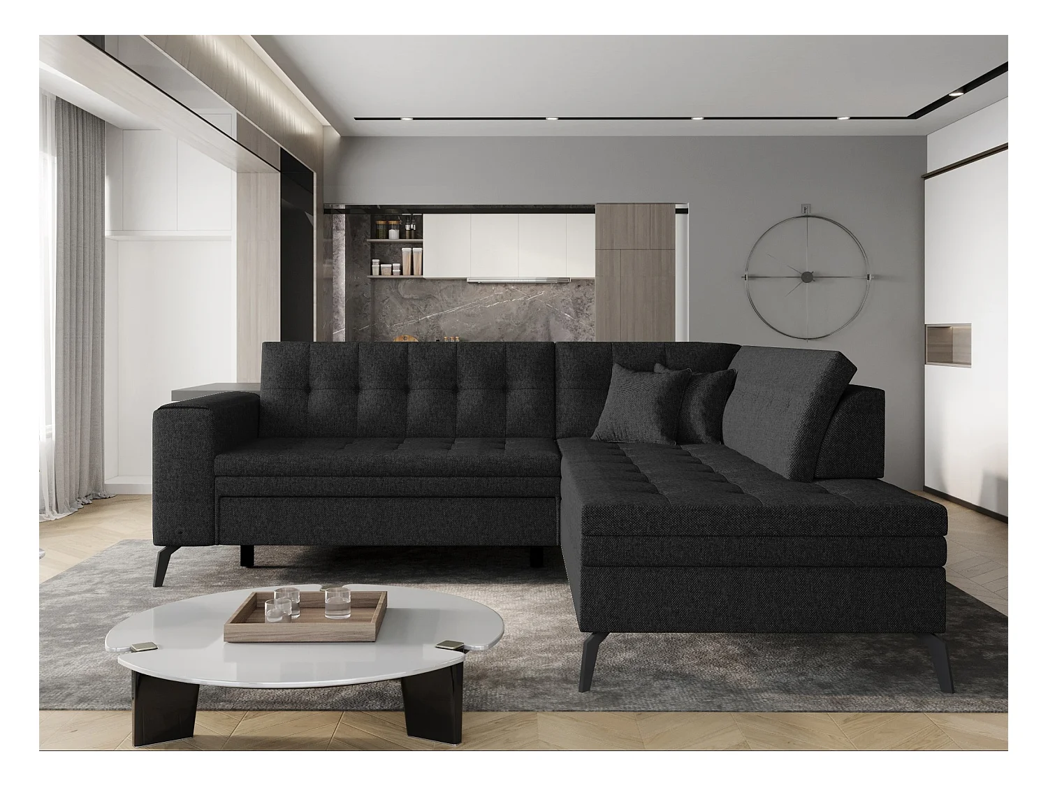 Canapé convertible capitonné angle droit tissu noir Larry 260cm