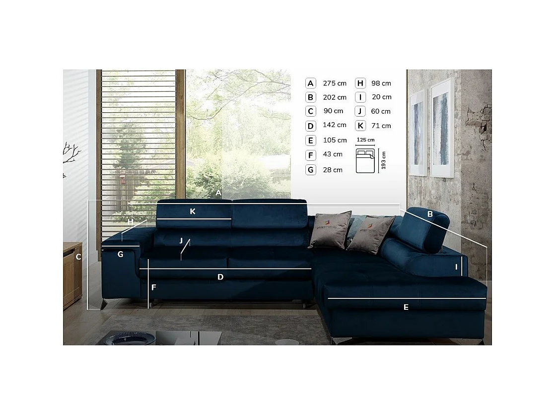 Canapé d'angle droit convertible tissu noir Marido 275cm