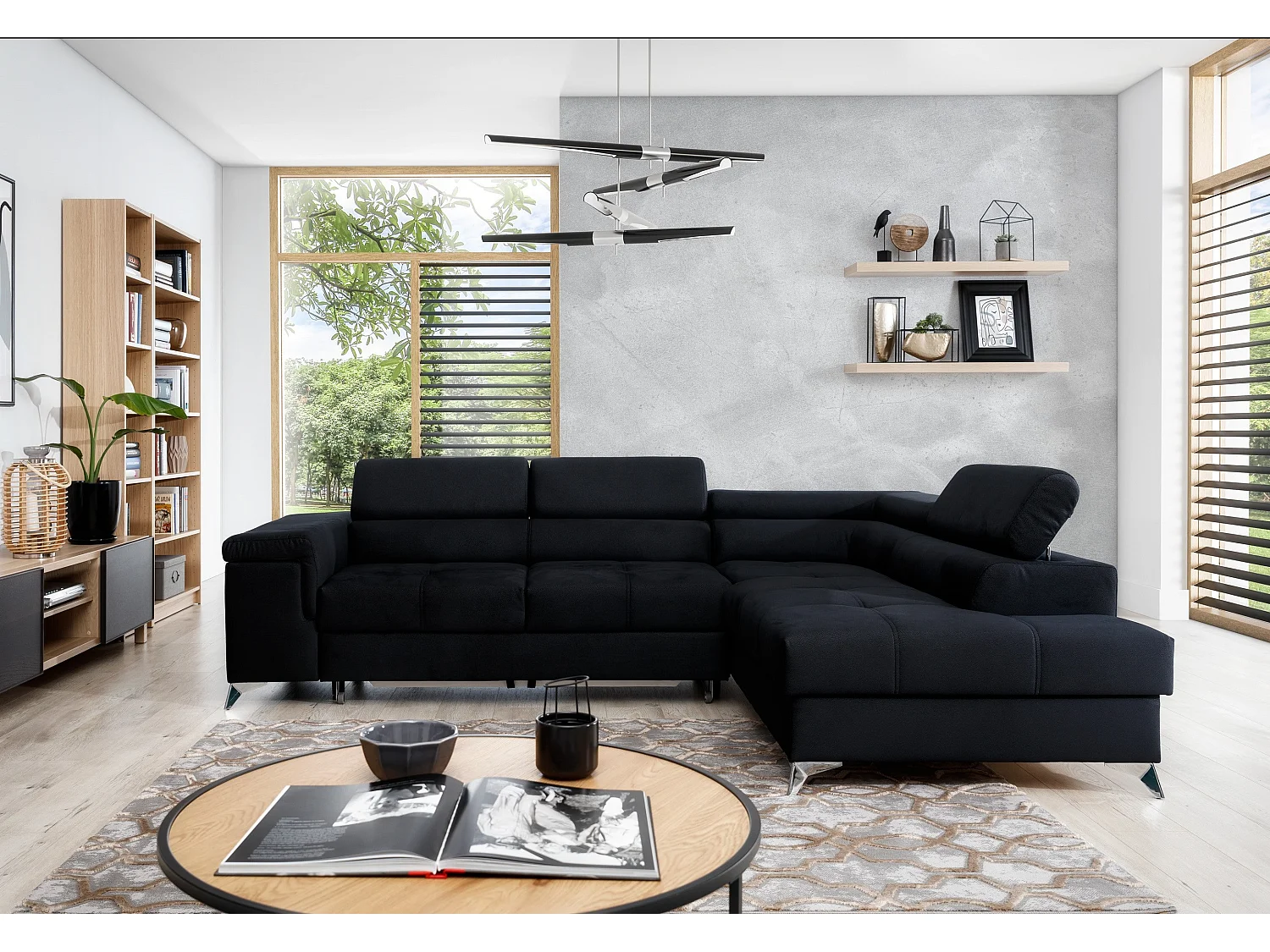 Canapé d'angle droit convertible tissu noir Marido 275cm