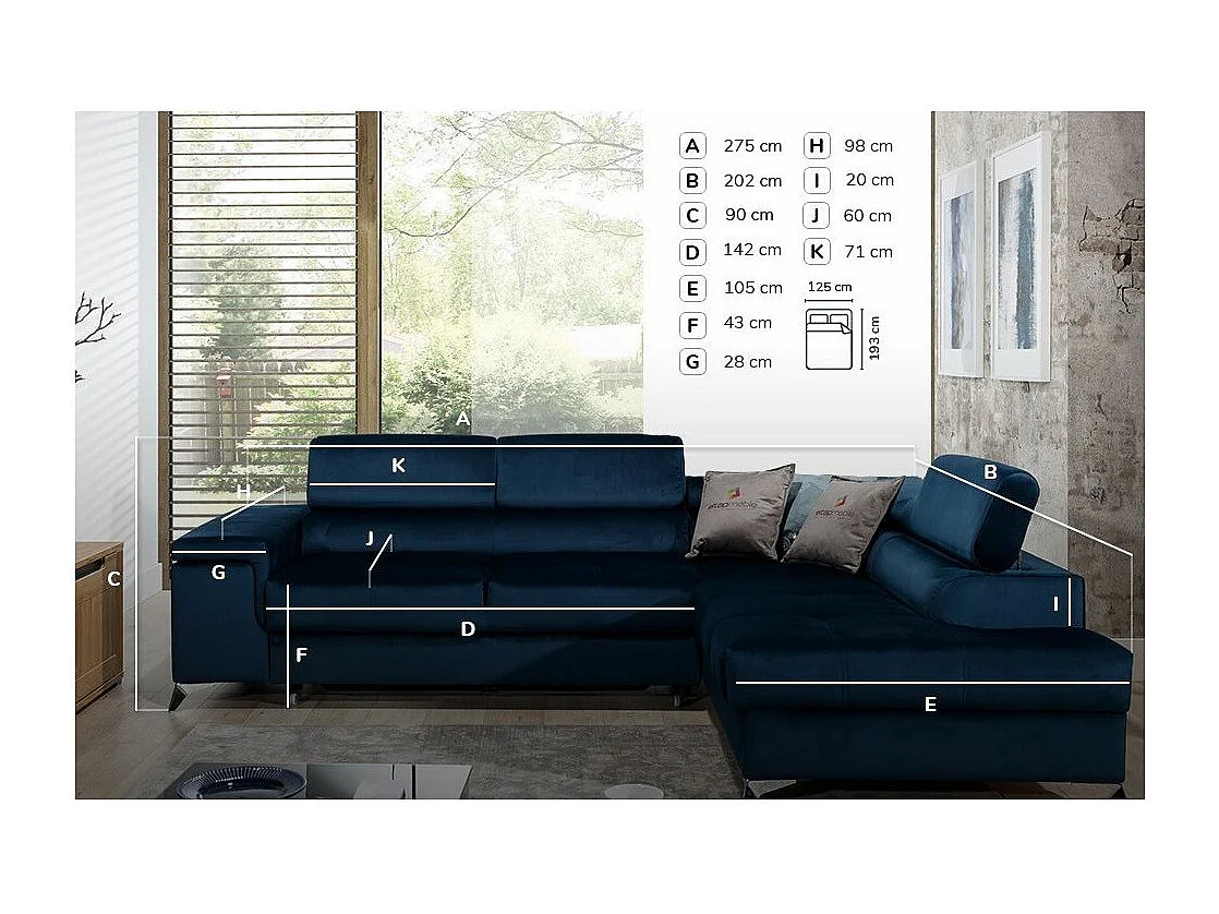 Canapé d'angle droit convertible tissu noir Marido 275cm