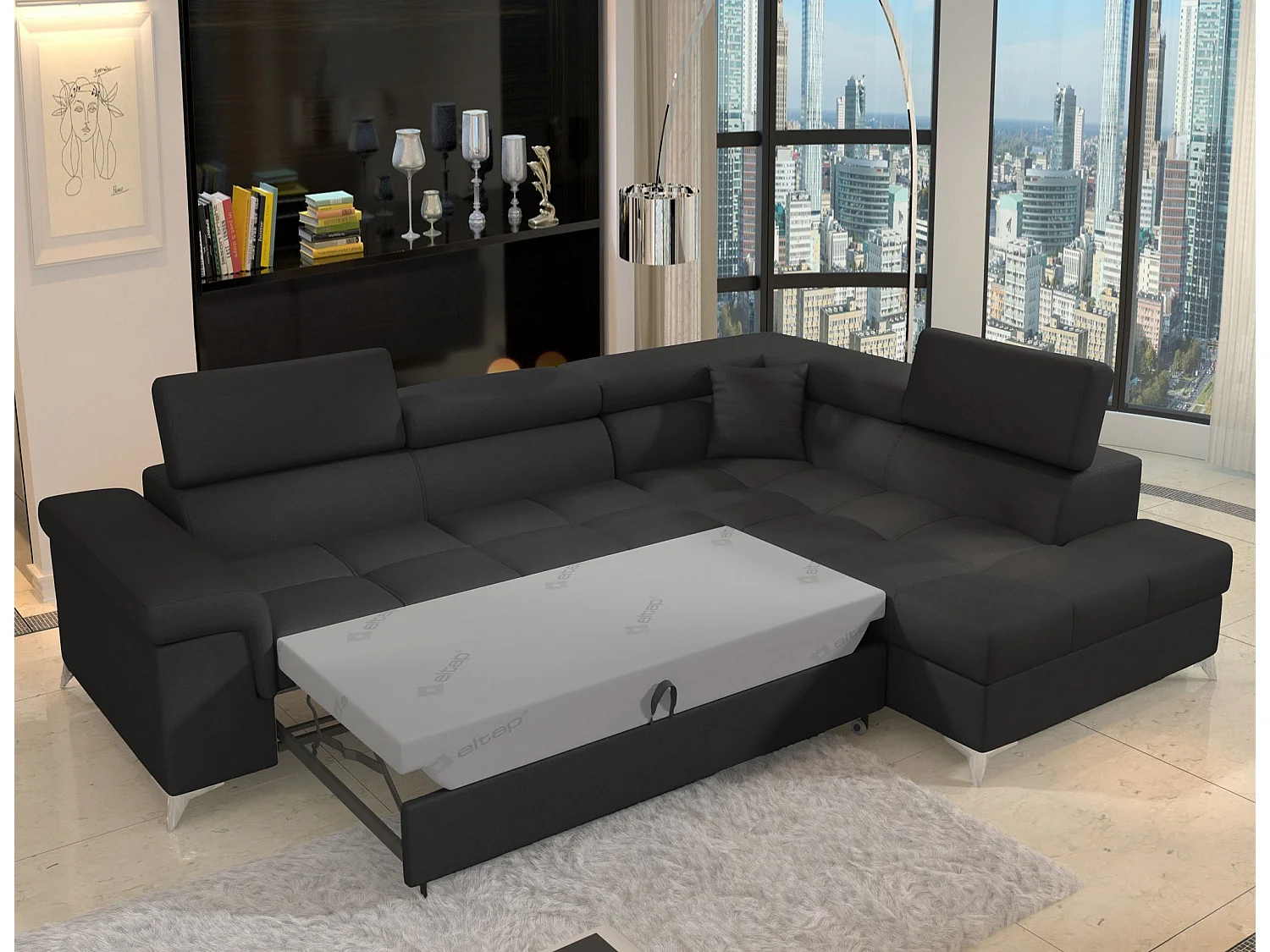 Canapé d'angle convertible tissu MARIDO - Coffre et appuis-tête réglables-Noir-angle droit