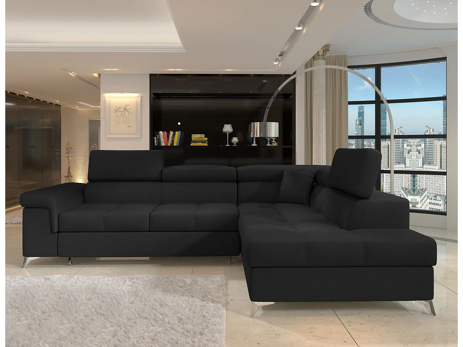 Canapé d'angle convertible tissu MARIDO - Coffre et appuis-tête réglables-Noir-angle droit