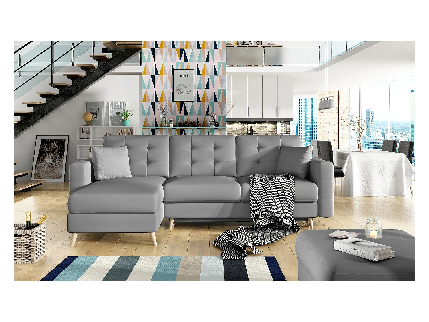 Canapé d'angle réversible et convertible simili cuir gris Anska 250cm