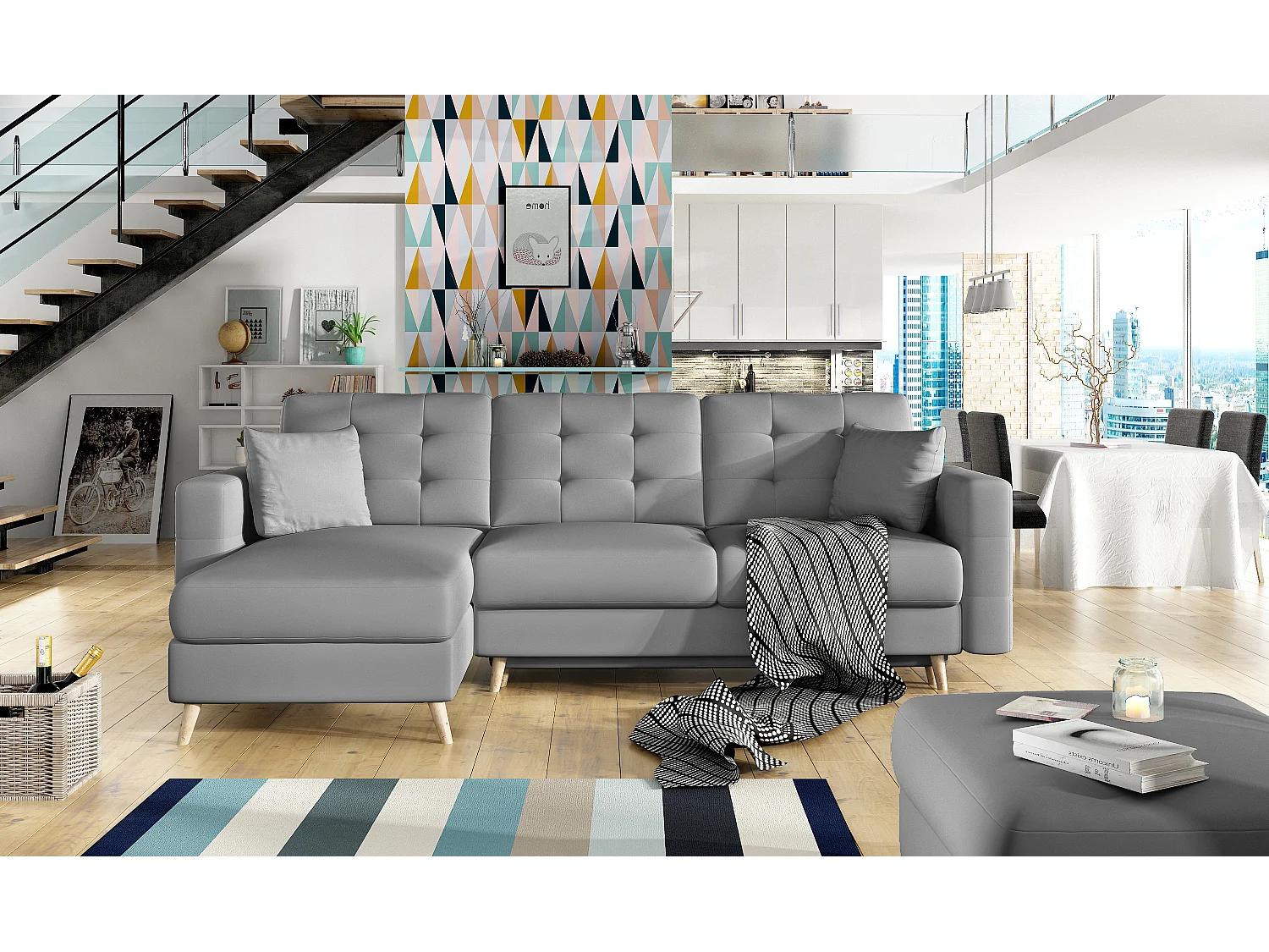 Canapé d'angle réversible et convertible simili cuir gris Anska 250cm