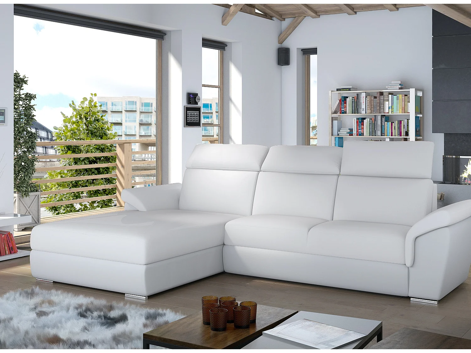 Canapé convertible d'angle gauche simili cuir blanc Suzy 272cm