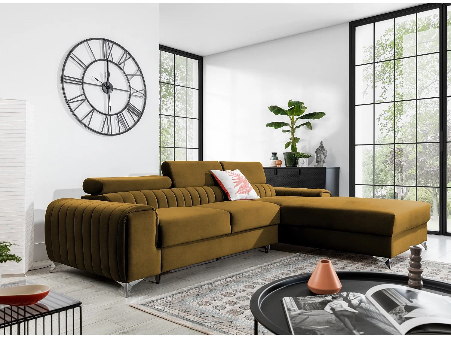 Canapé convertible angle droit tissu doux marron Grenky 276cm