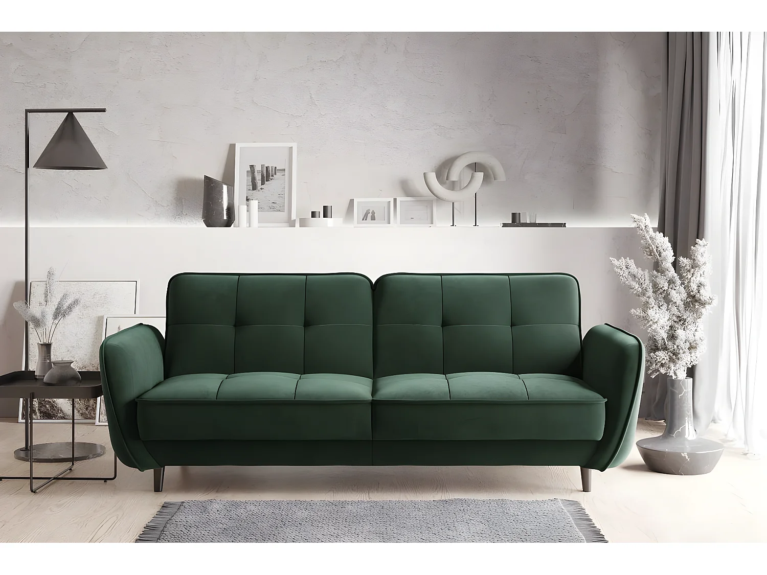 Canapé convertible 3 places velours vert anglais capitonné et pieds bois noir Bizza 220cm