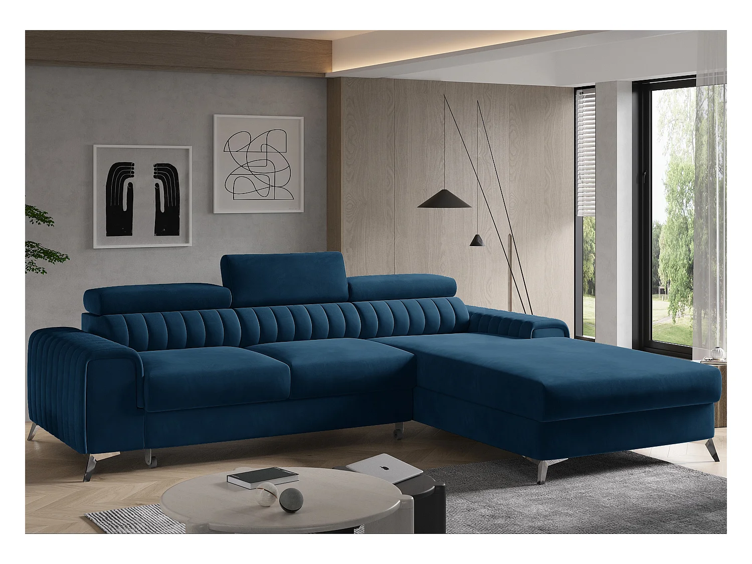 Canapé convertible angle droit velours bleu foncé Grenky 276cm