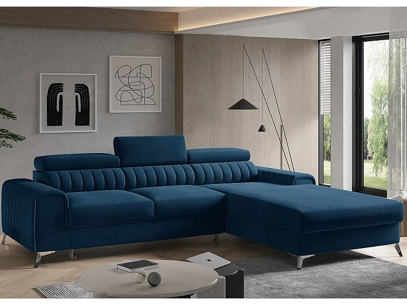 Canapé convertible angle droit velours bleu foncé Grenky 276cm