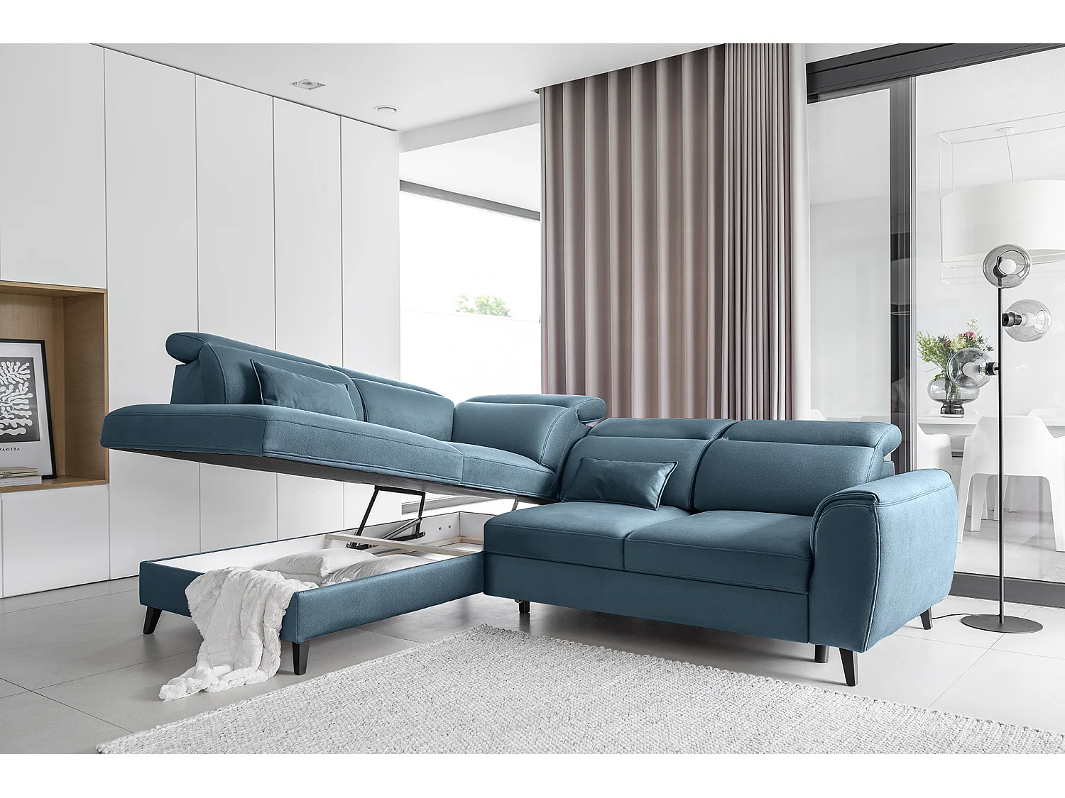 Canapé d'angle gauche convertible tissu bleu canard Noblesse 255cm