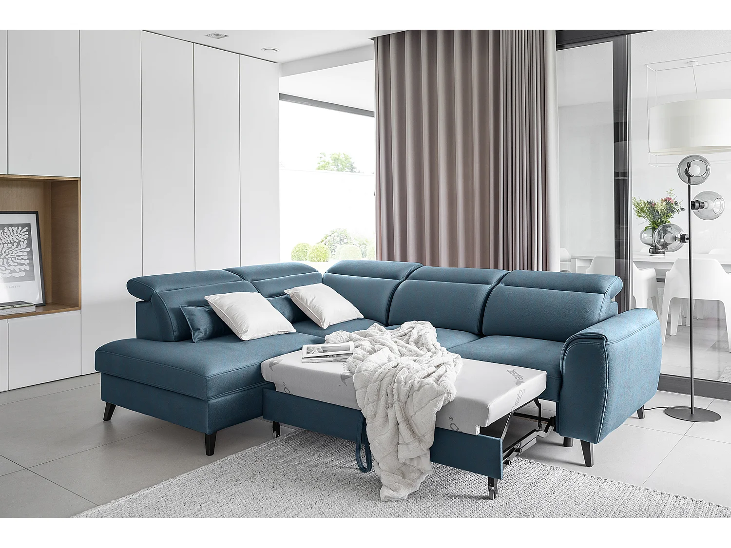 Canapé d'angle gauche convertible tissu bleu canard Noblesse 255cm