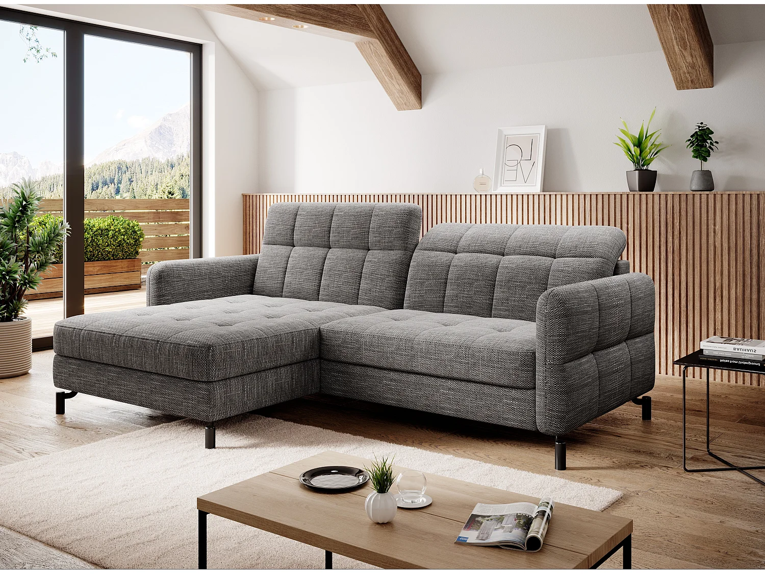 Canapé convertible tissu matelassé gris chiné angle gauche Lory 225cm