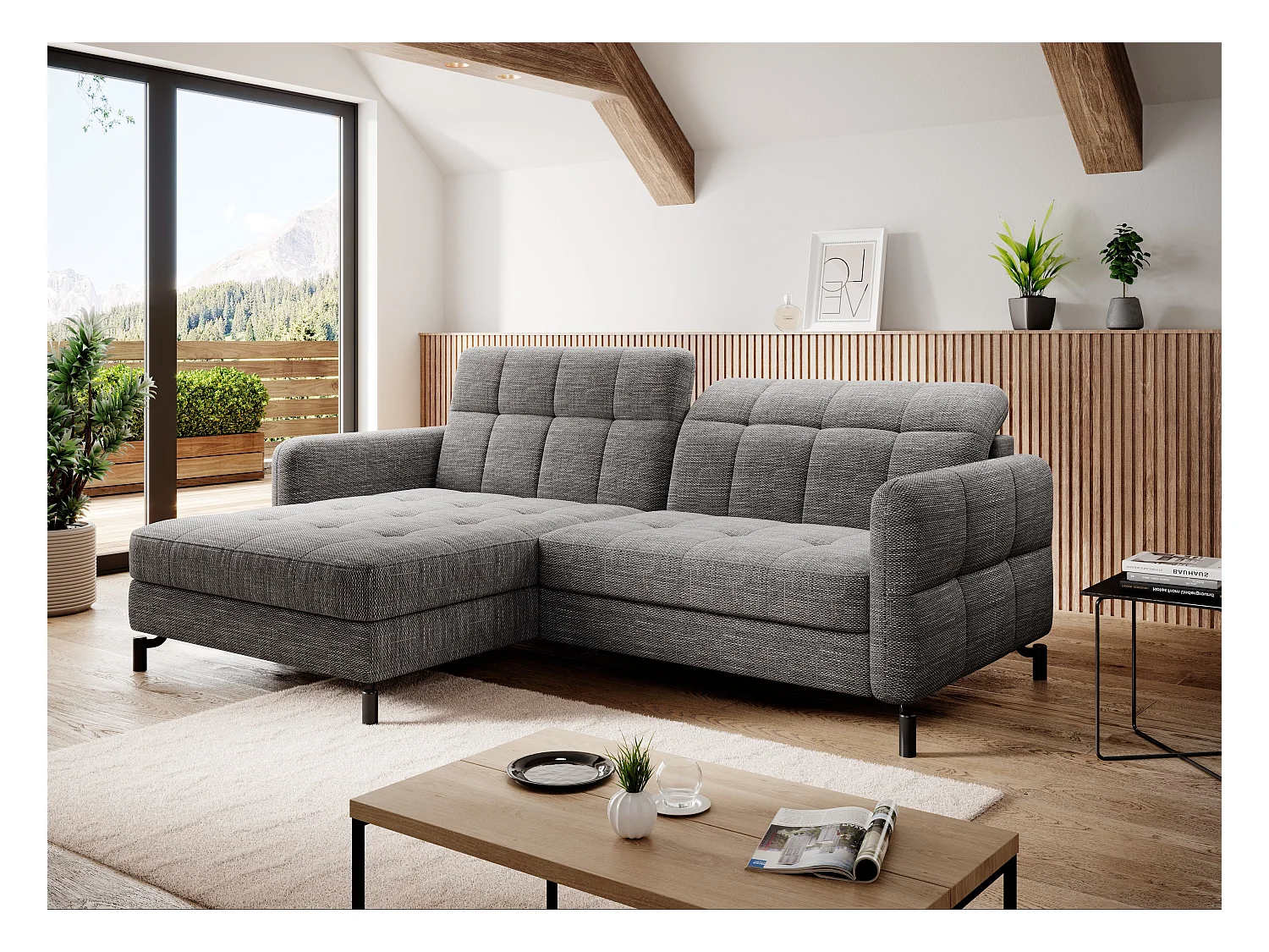 Canapé convertible tissu matelassé gris chiné angle gauche Lory 225cm