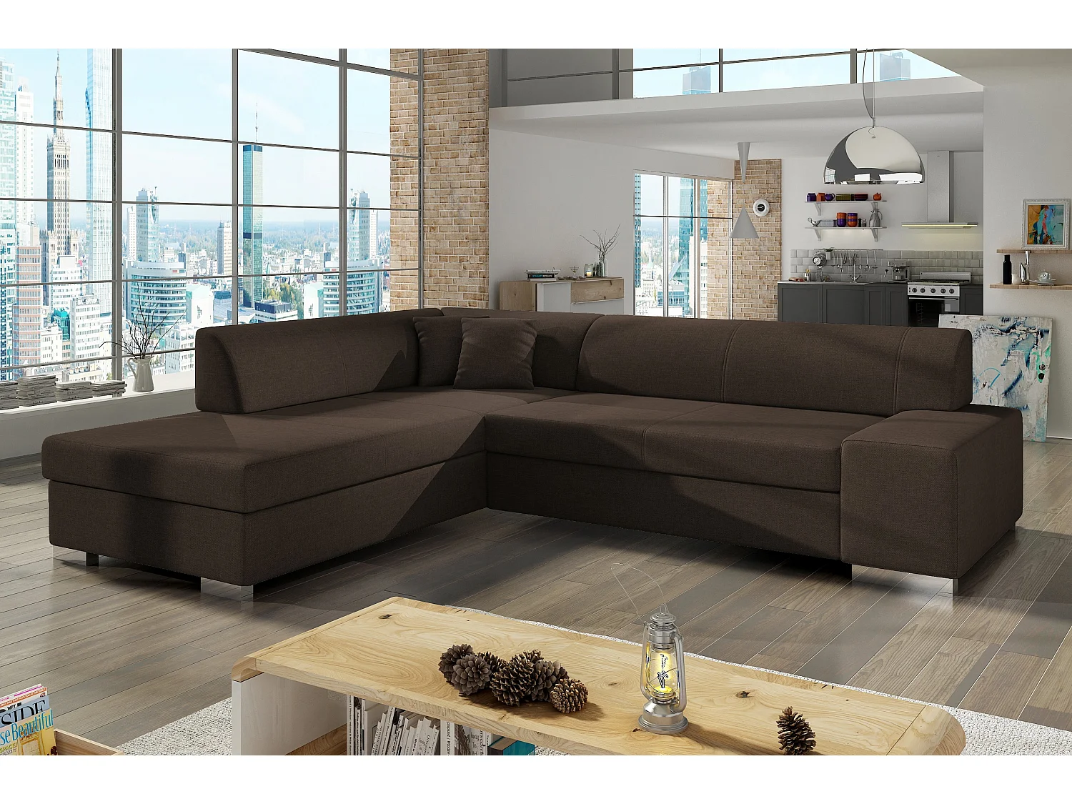 Canapé convertible moderne angle gauche tissu marron Plazo 278cm