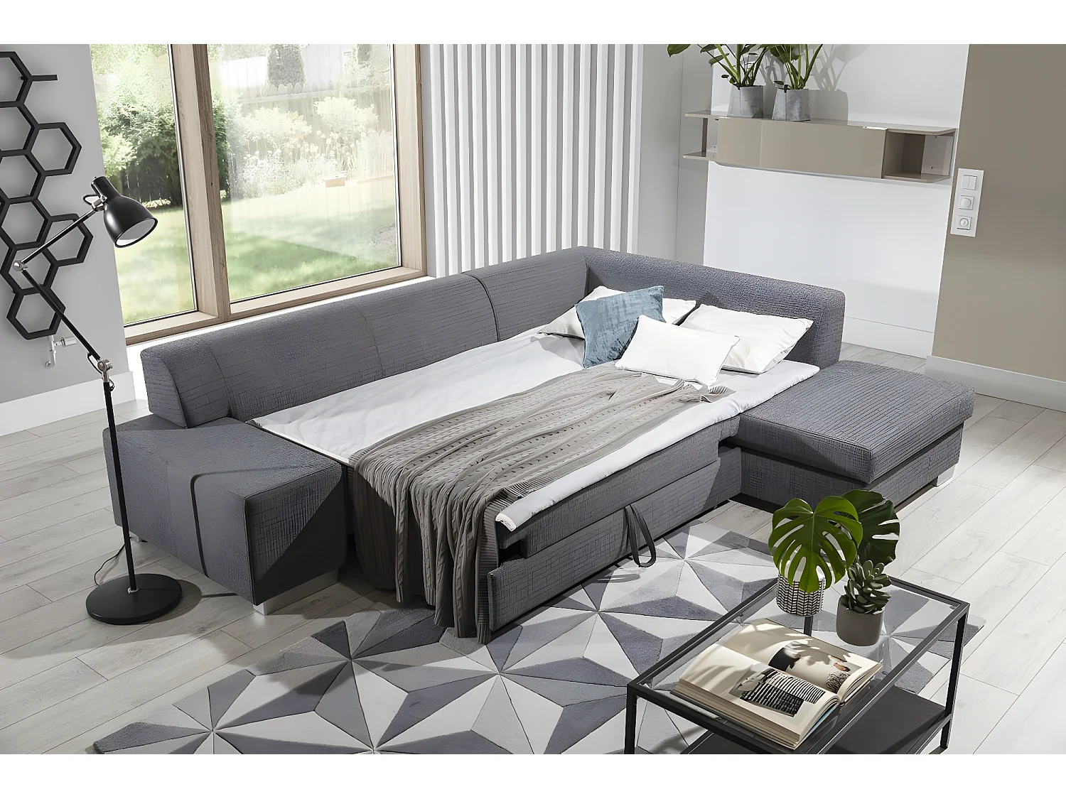 Canapé convertible moderne angle gauche tissu marron Plazo 278cm