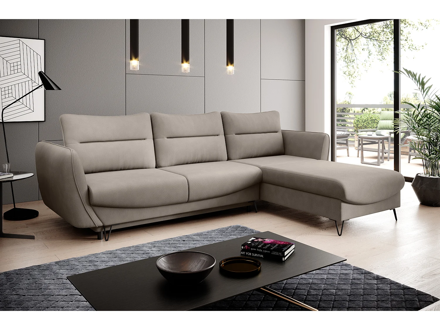 Canapé d'angle droit convertible tissu beige clair Zurik 276cm