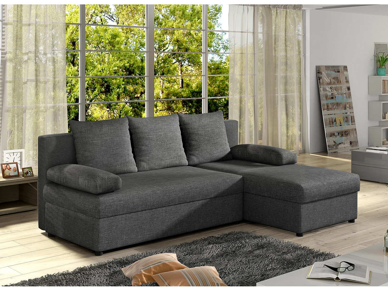 Canapé convertible angle réversible tissu gris foncé Gary 206cm