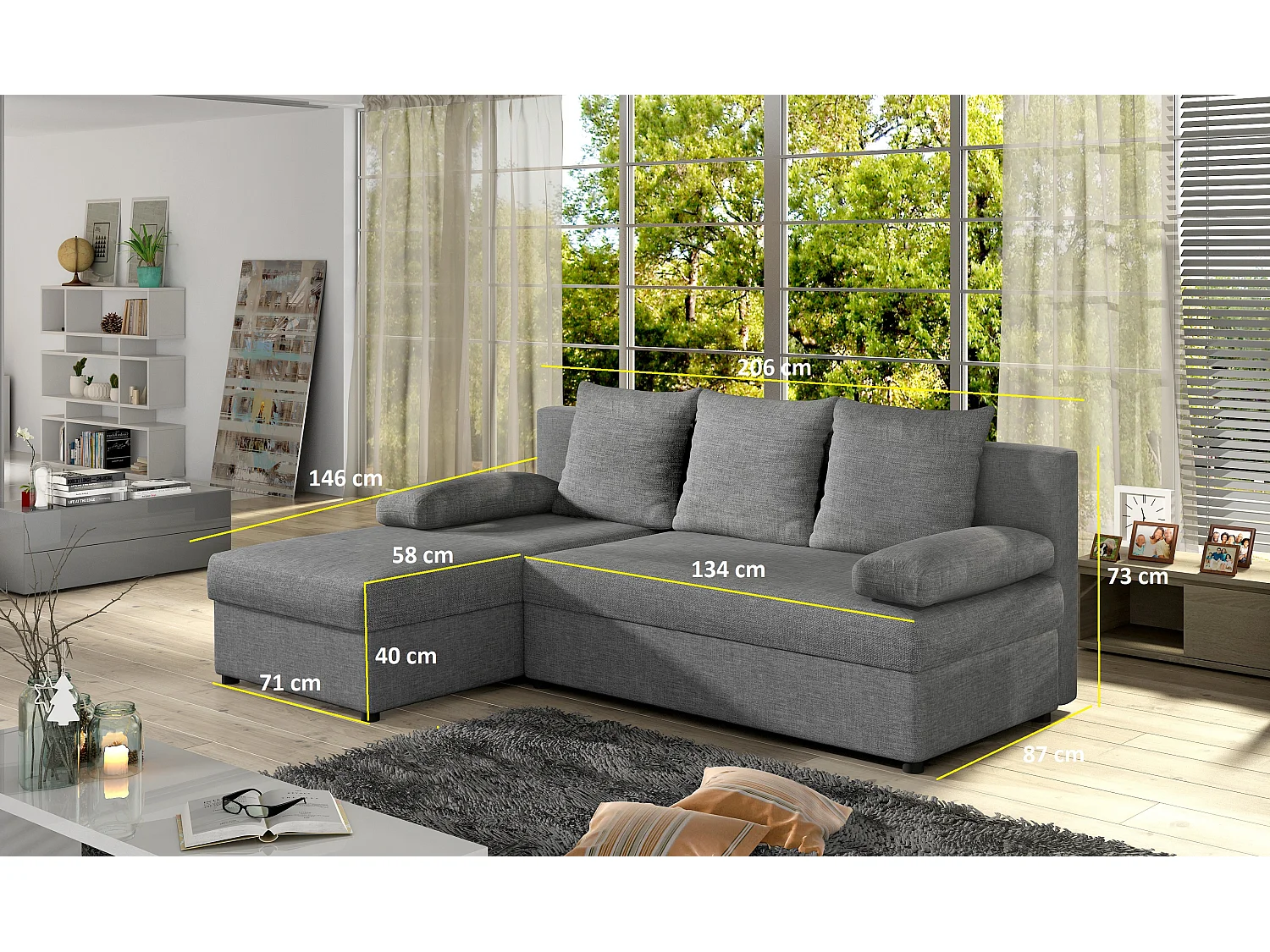 Canapé convertible angle réversible tissu gris foncé Gary 206cm