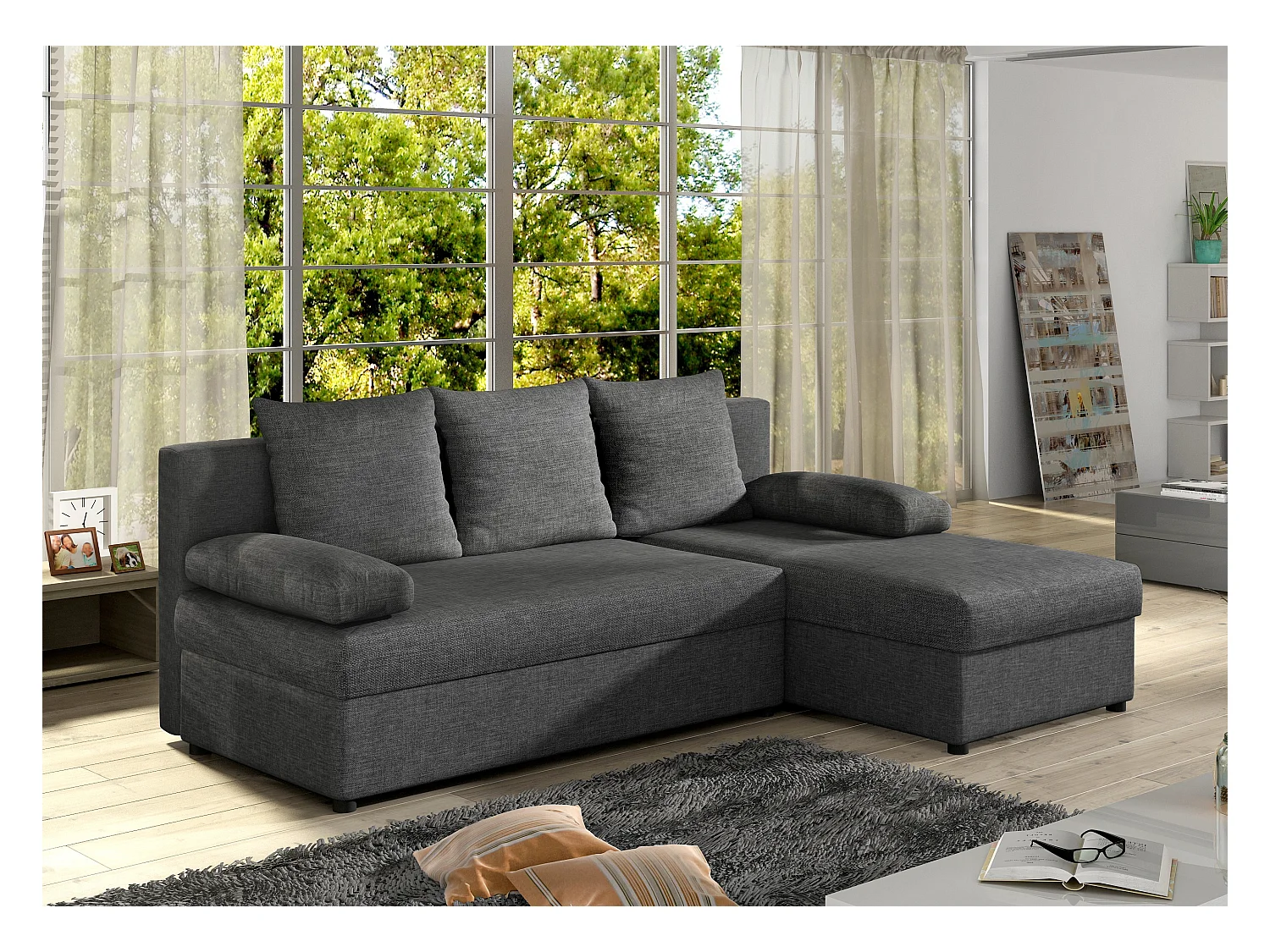 Canapé convertible angle réversible tissu gris foncé Gary 206cm