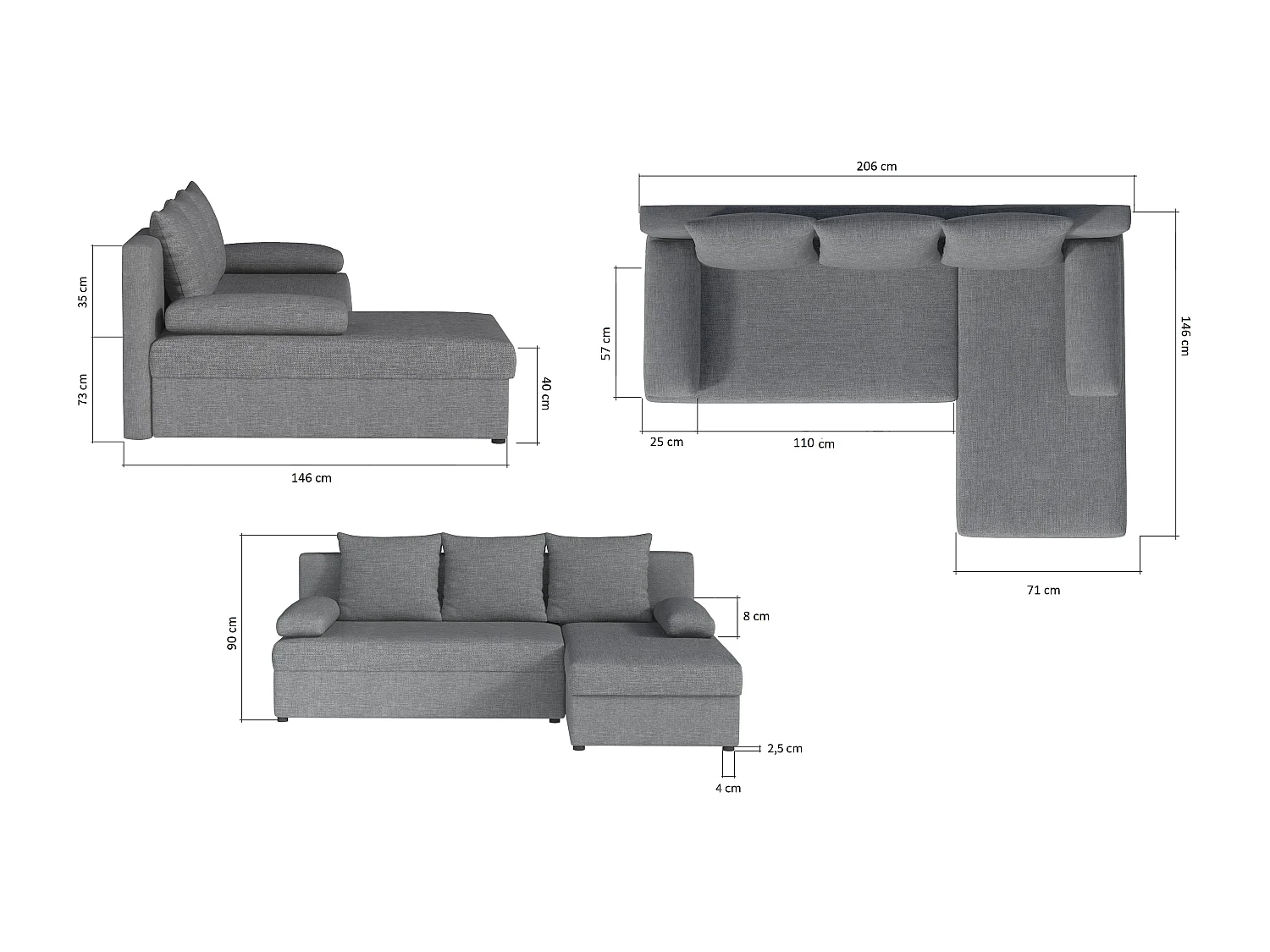 Canapé convertible angle réversible tissu gris foncé Gary 206cm