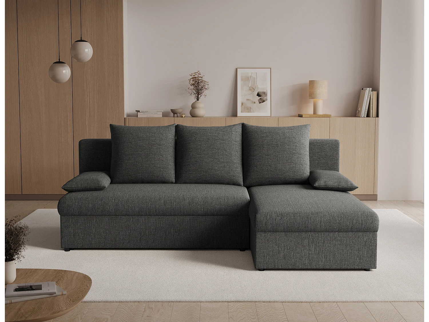 Canapé d’angle réversible convertible GARY en tissu côtelé – 206cm-Gris foncé