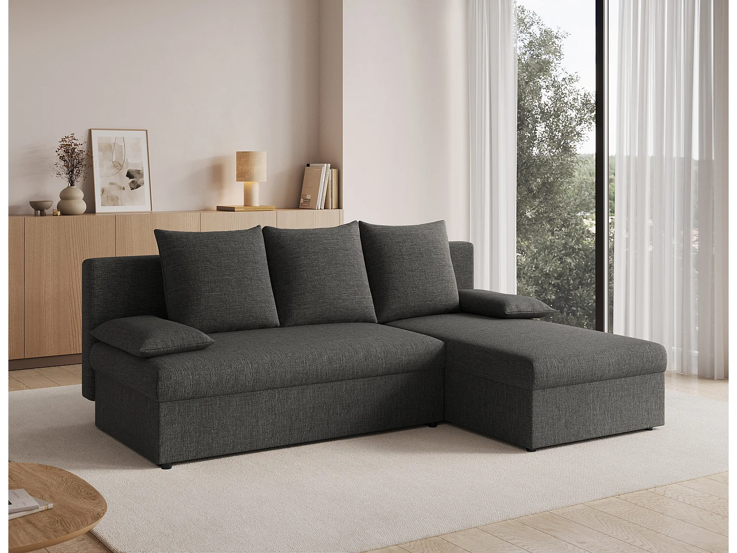 Canapé d’angle réversible convertible GARY en tissu côtelé – 206cm-Gris foncé