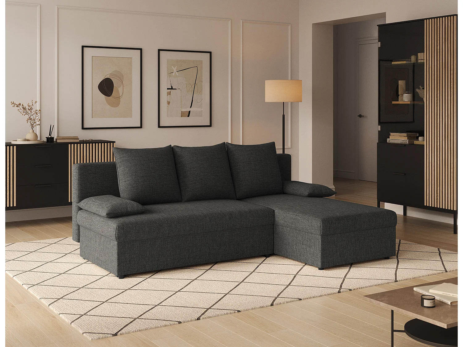 Canapé d’angle réversible convertible GARY en tissu côtelé – 206cm-Gris foncé