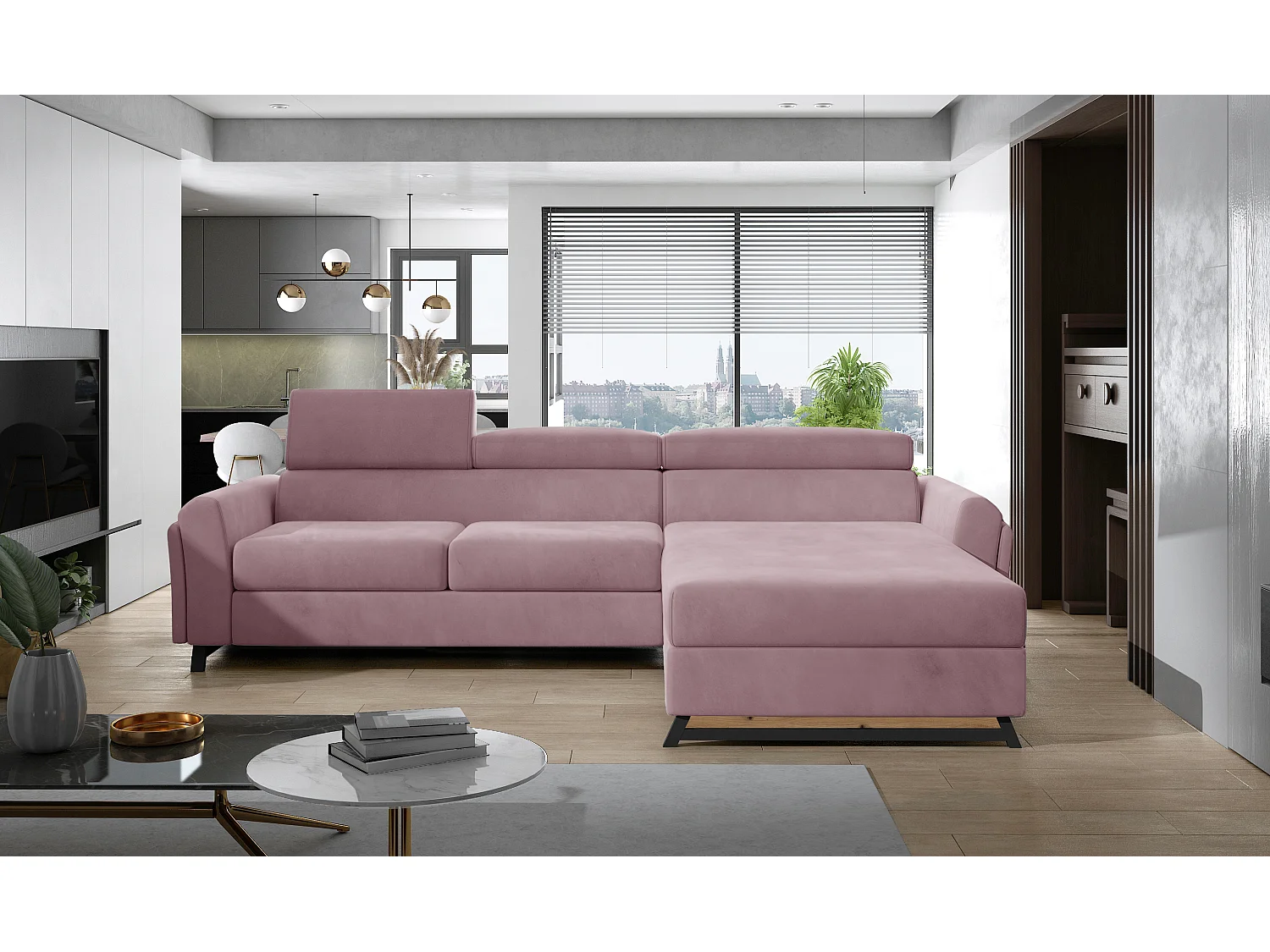 Canapé angle droit convertible velours rose avec appuis-tête réglables Mazerali 300cm