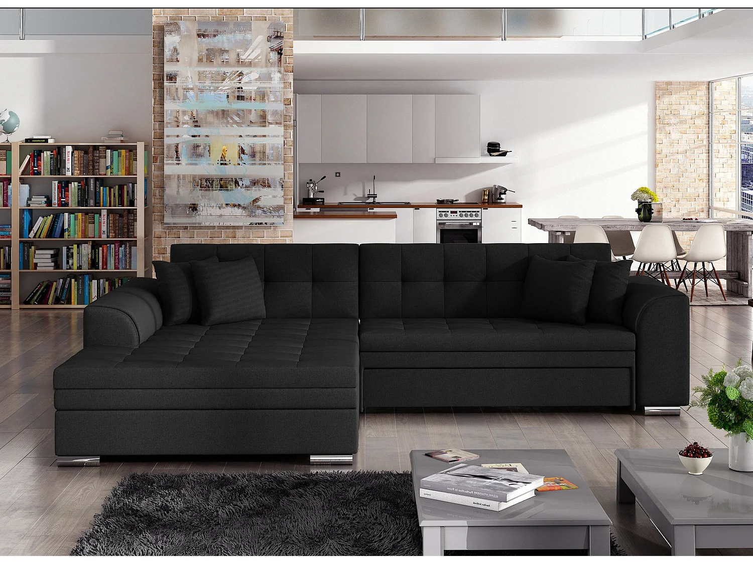 Canapé d'angle gauche convertible 4 places tissu noir Looka 295cm