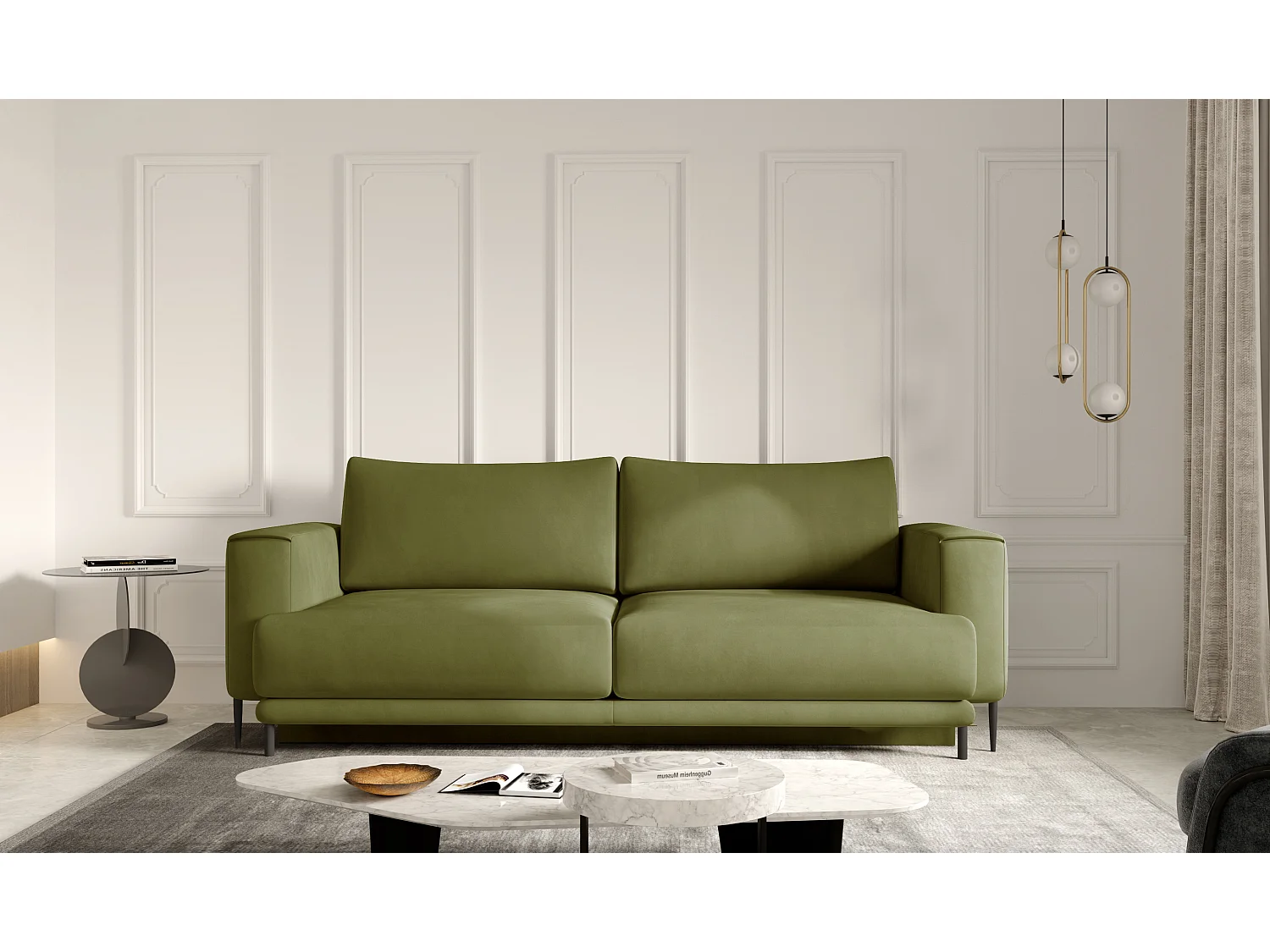 Canapé convertible design 4 places tissu doux vert olive et pieds métal noir Arkia 260cm