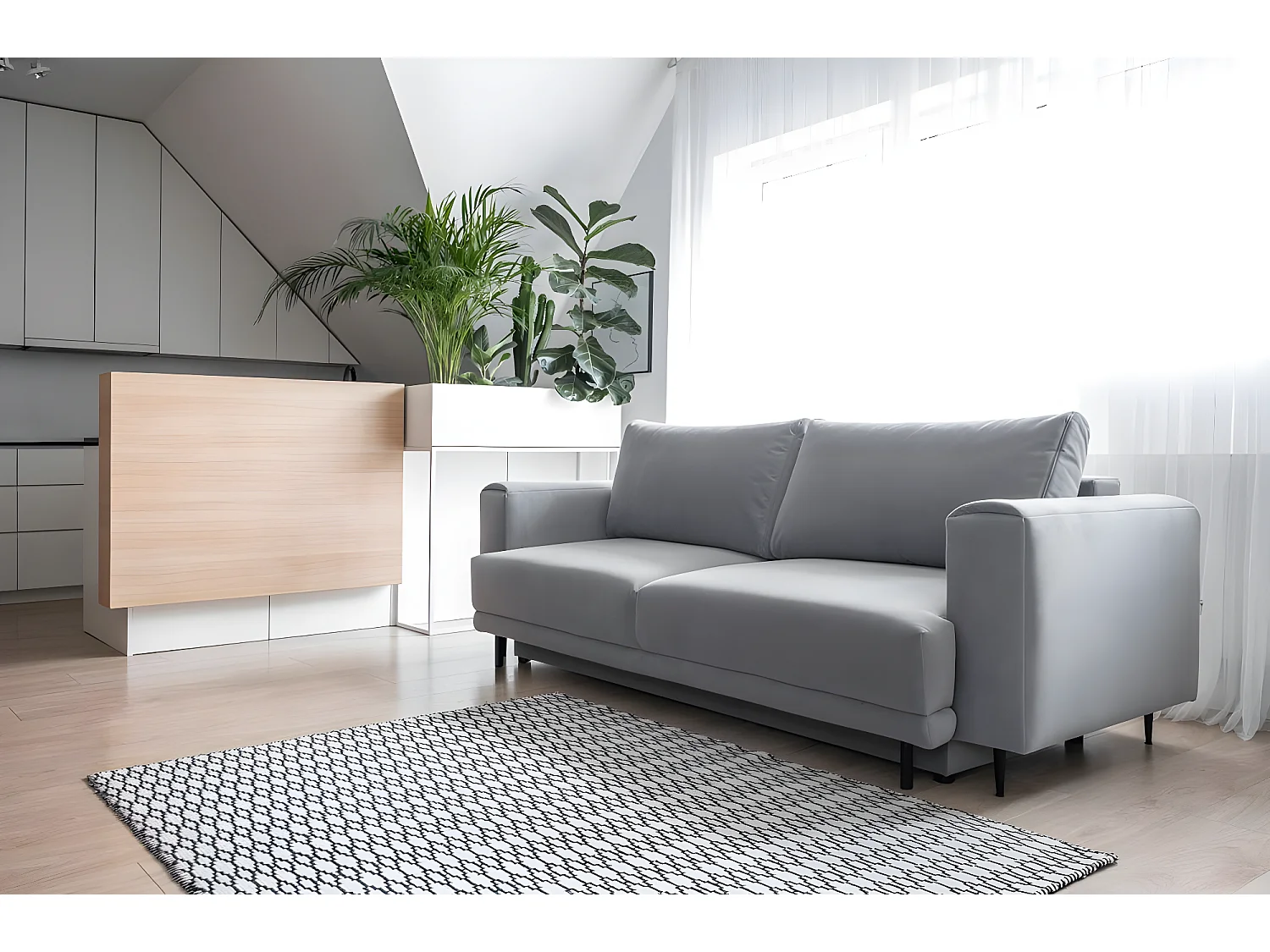 Canapé convertible design 4 places tissu doux vert olive et pieds métal noir Arkia 260cm