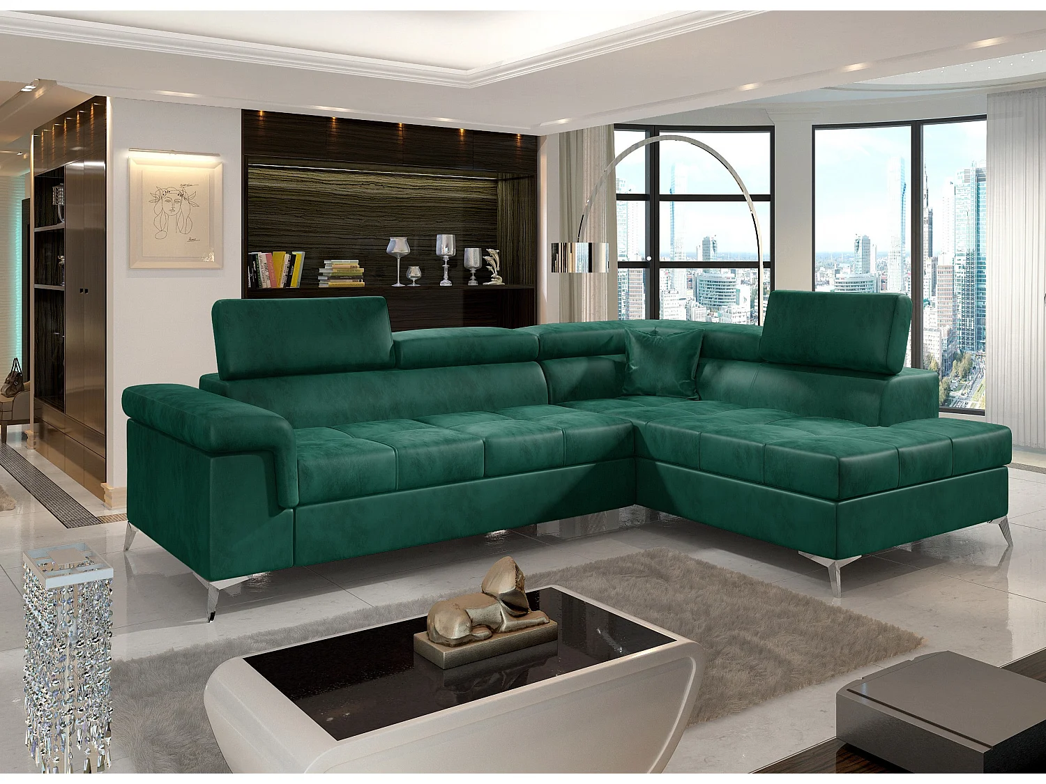 Canapé d'angle droit convertible velours vert sapin Marido 275cm