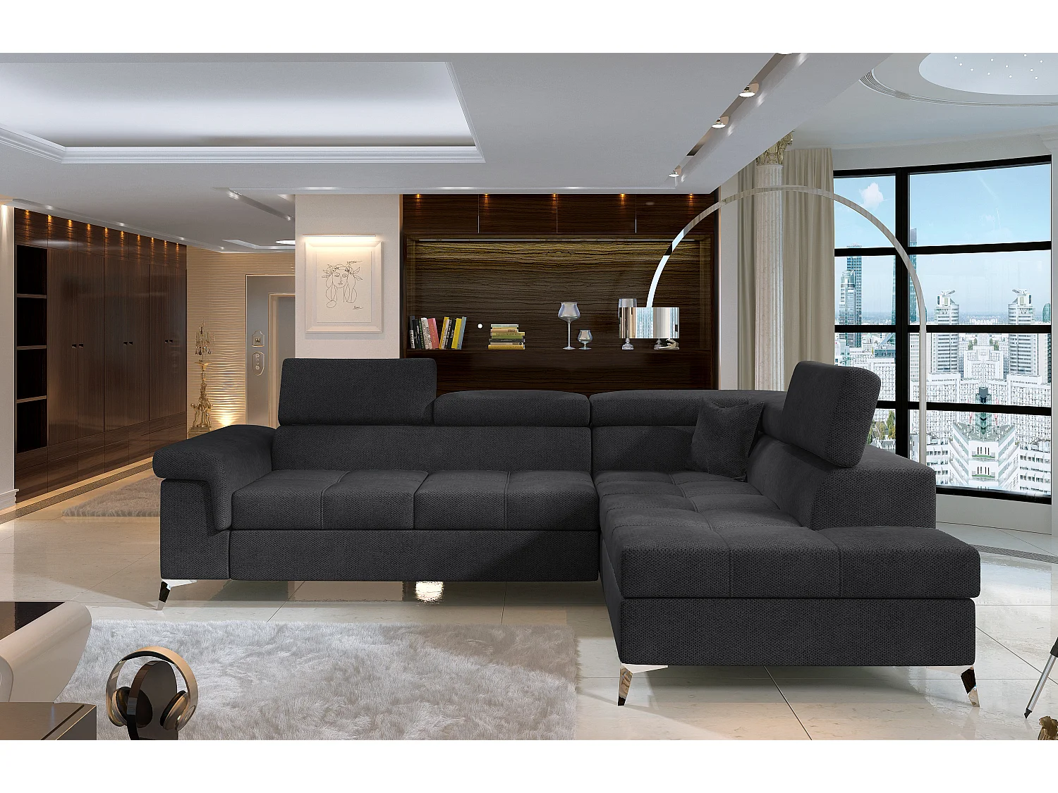 Canapé d'angle droit convertible velours vert sapin Marido 275cm